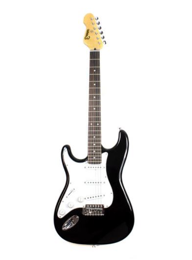 Black electric guitar on a white background
