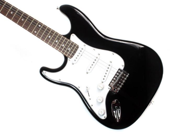Black electric guitar on a white background