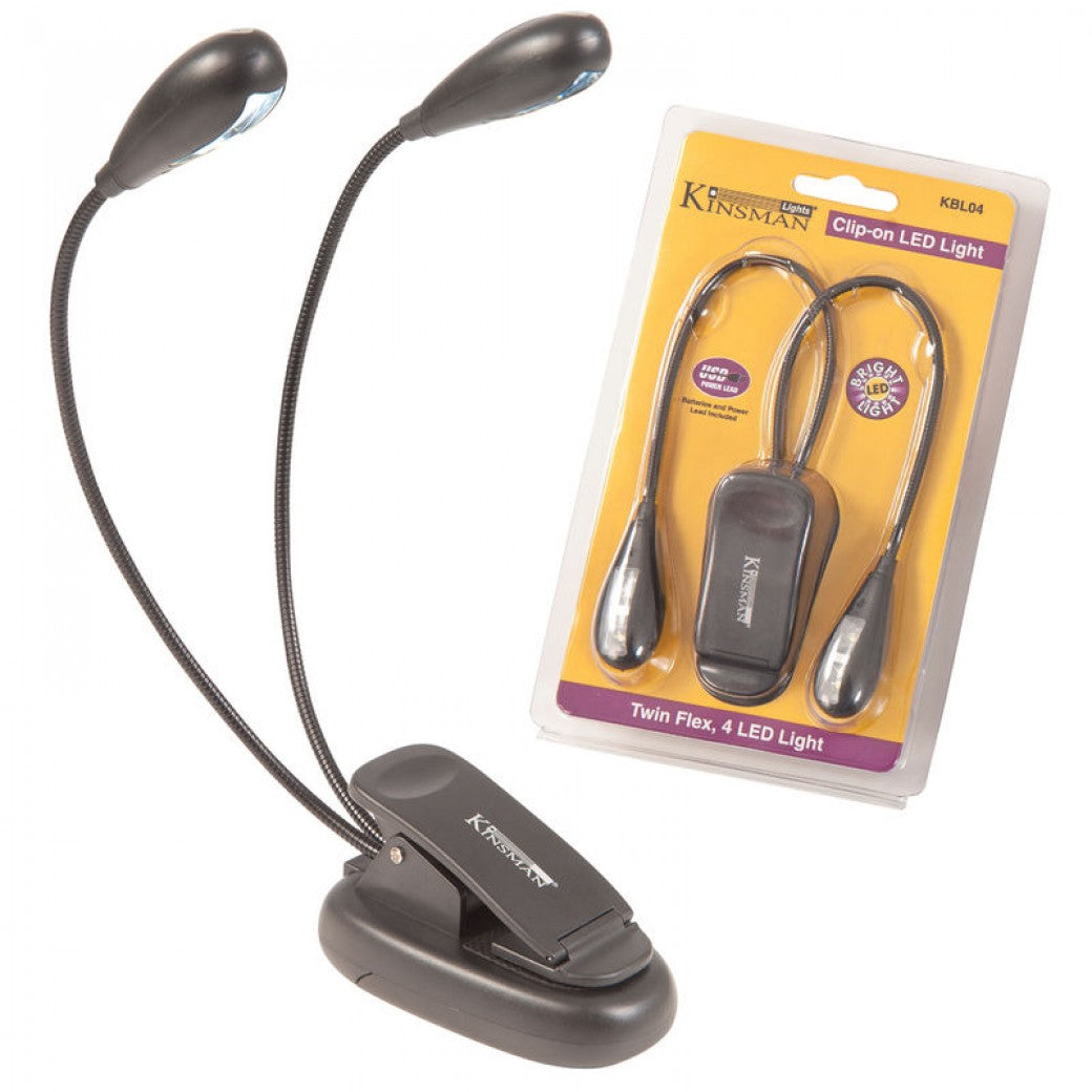 Clip-on LED light with flexible arms and packaging on a white background