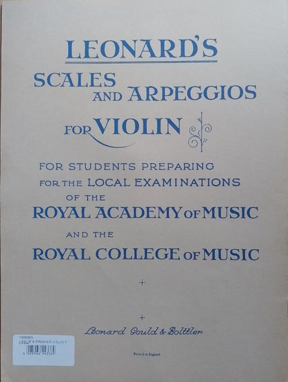 Book cover of 'Leonard's Scales and Arpeggios for Violin' by the Royal Academy of Music and Royal College of Music.