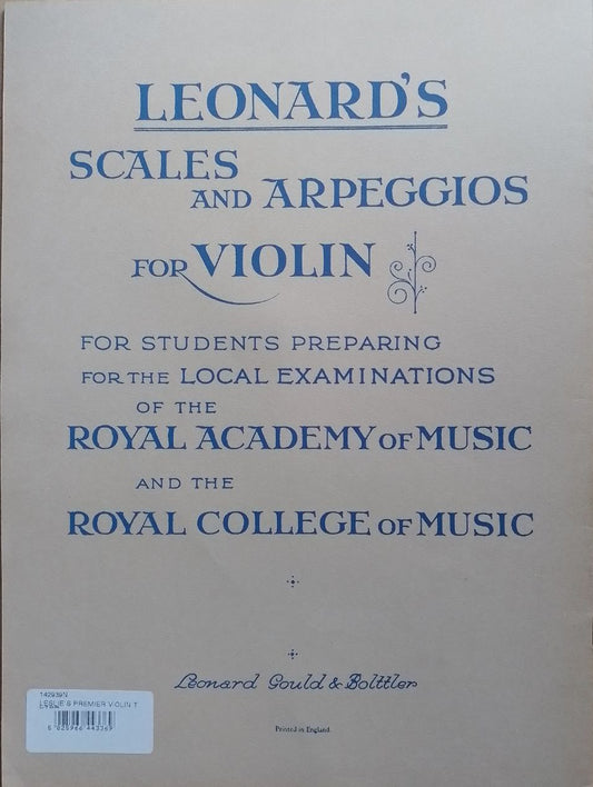 Book cover of 'Leonard's Scales and Arpeggios for Violin' by the Royal Academy of Music and Royal College of Music.
