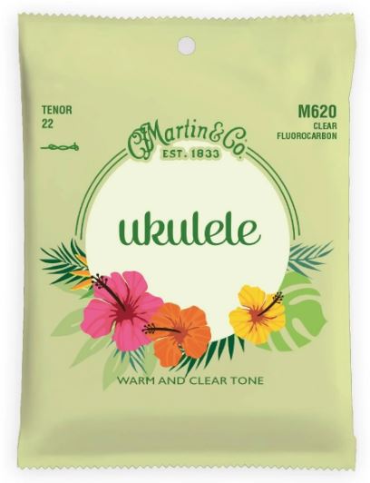 Packaging of Martin & Co ukulele strings with floral design on a light green background