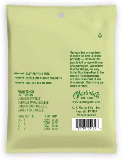 Green package of Martin ukulele strings with text and branding.
