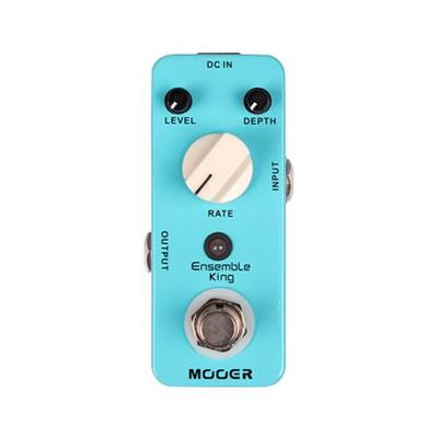 Blue guitar effects pedal with control knobs and labels on a white background