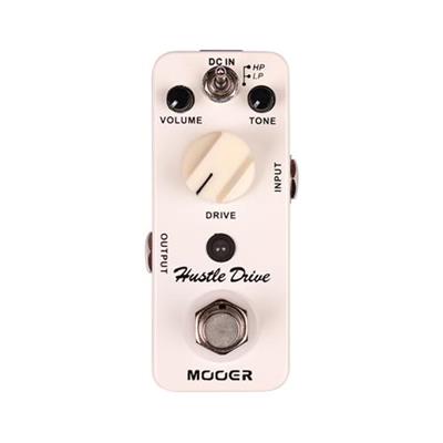 Guitar effects pedal with 'Hustle Drive' and 'Mooer' branding on a white background