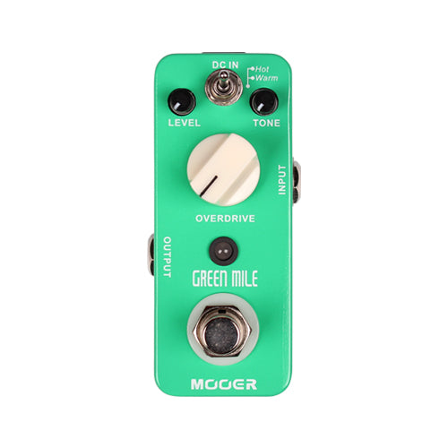 Green guitar effects pedal with 'Green Mile' branding on a white background