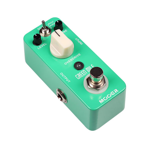 Green rectangular guitar effects pedal,  with a white bigger control knob and a on/off switch. Smaller but also impactful features (level and tone) are two smaller black dials and a toggle switch.   