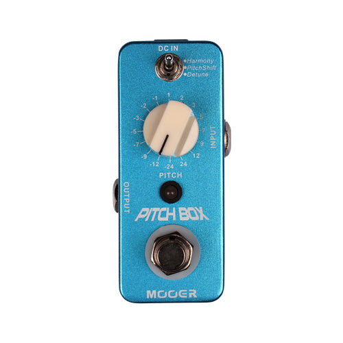 Blue guitar effects pedal with 'Pitch Box' branding on a white background