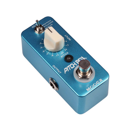 Blue guitar effects pedal with Mooer branding on a white background