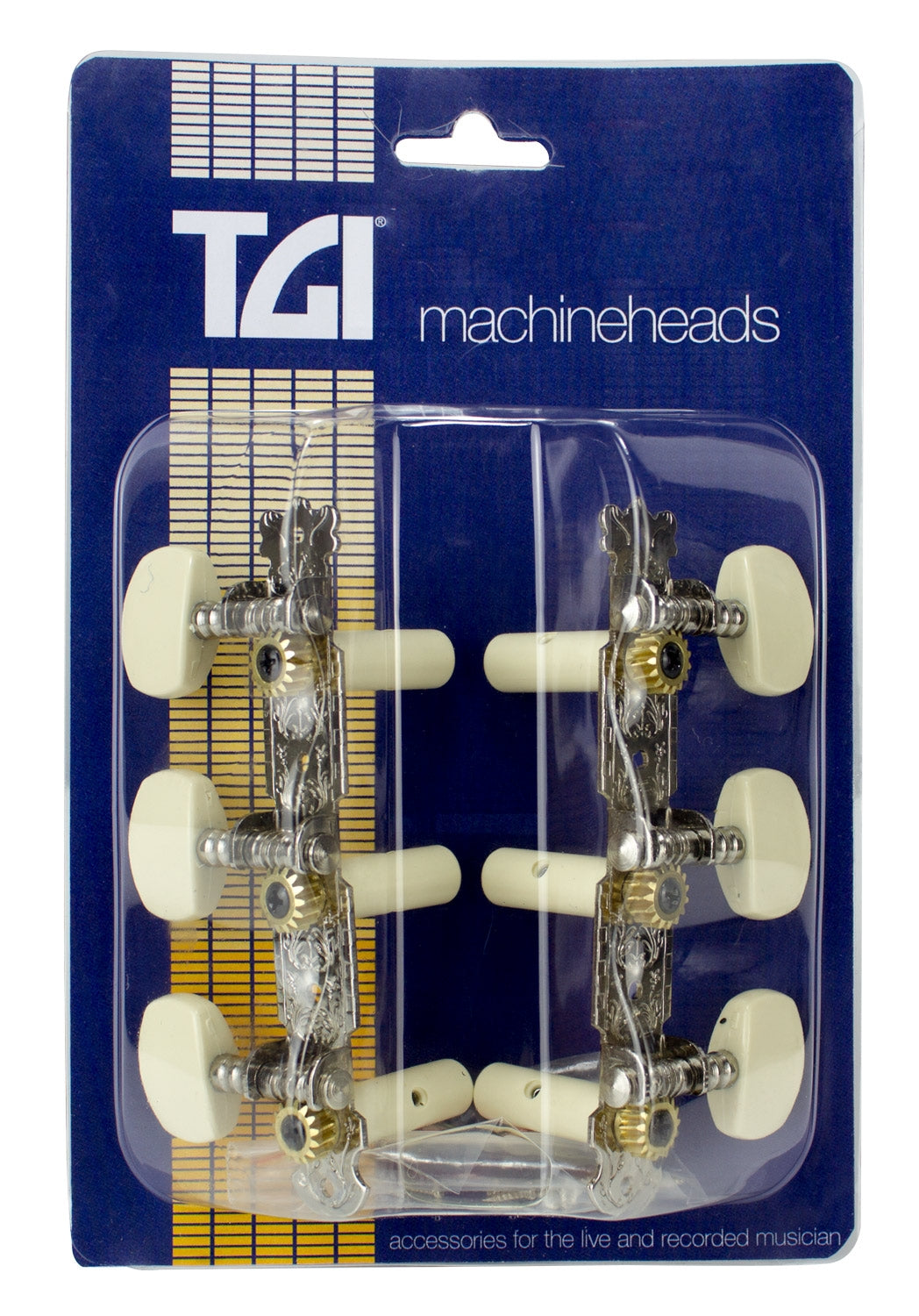 Packaged TGI machineheads with clear plastic window on blue background