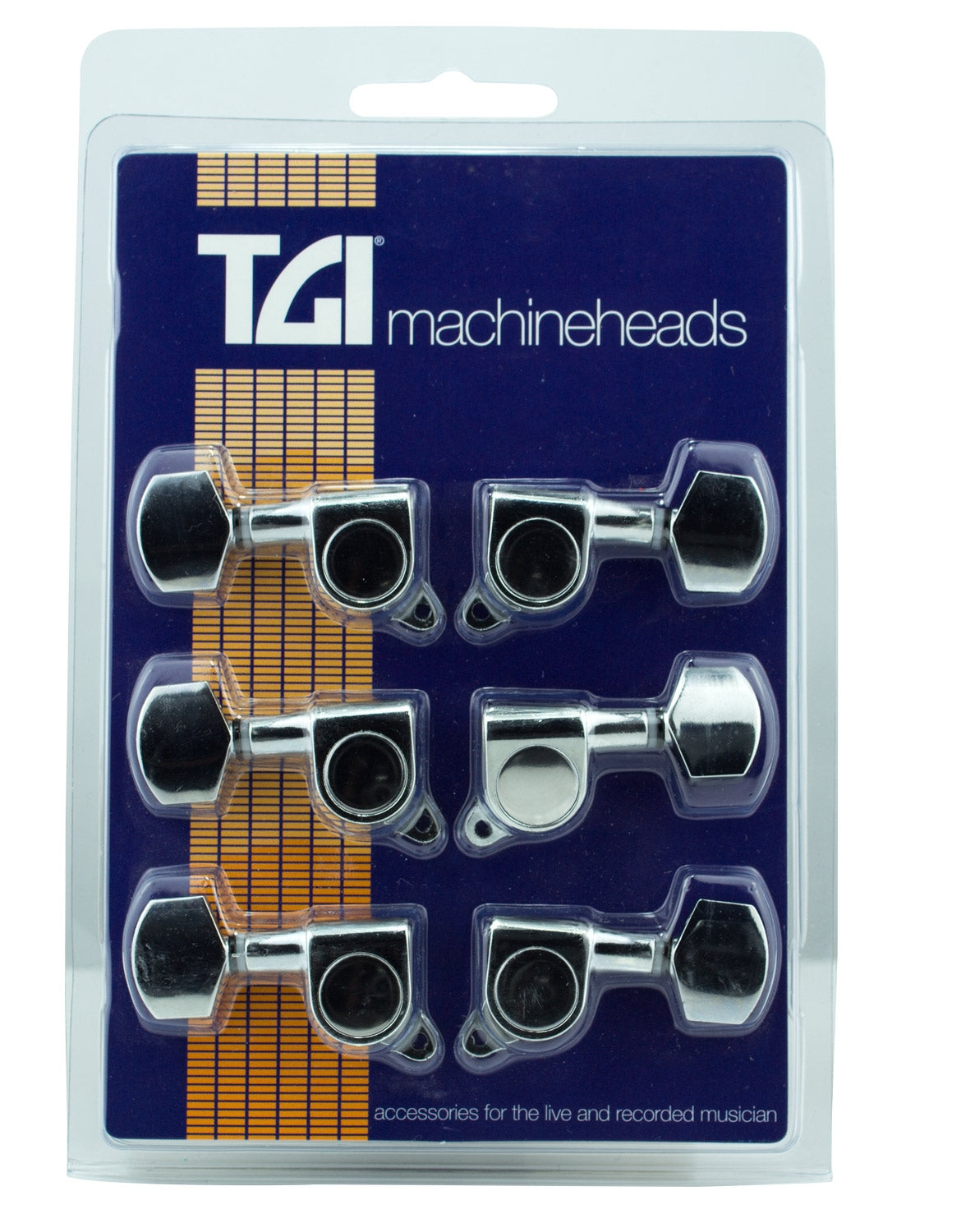 Packaged TGI machineheads with a blue and orange design on a white background