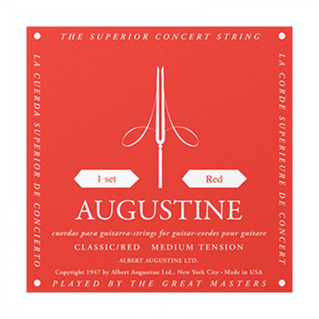 Red packaging of Augustine guitar strings with white text and design