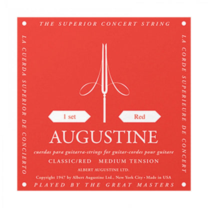 Red packaging of Augustine guitar strings with white text and design
