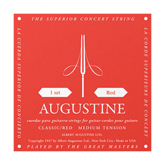 Red packaging of Augustine guitar strings with white text and design