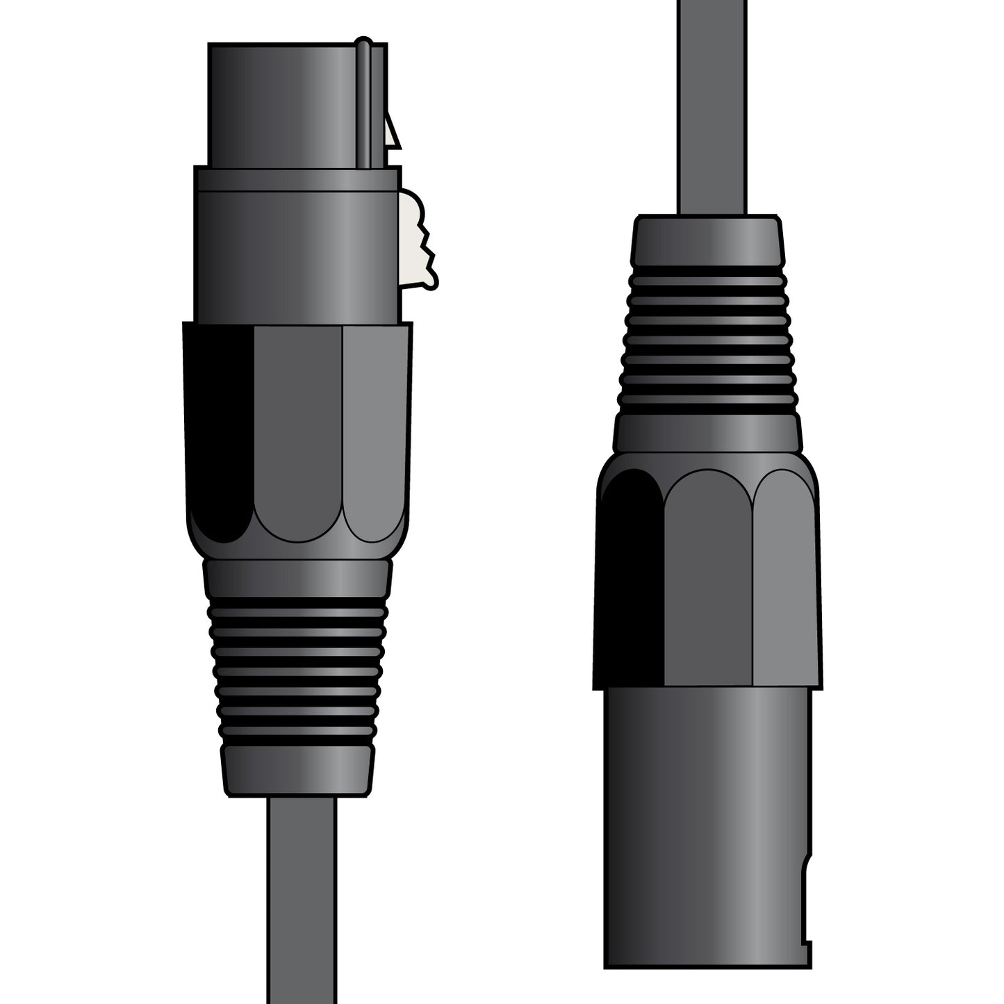 Black audio cable with connectors on a white background