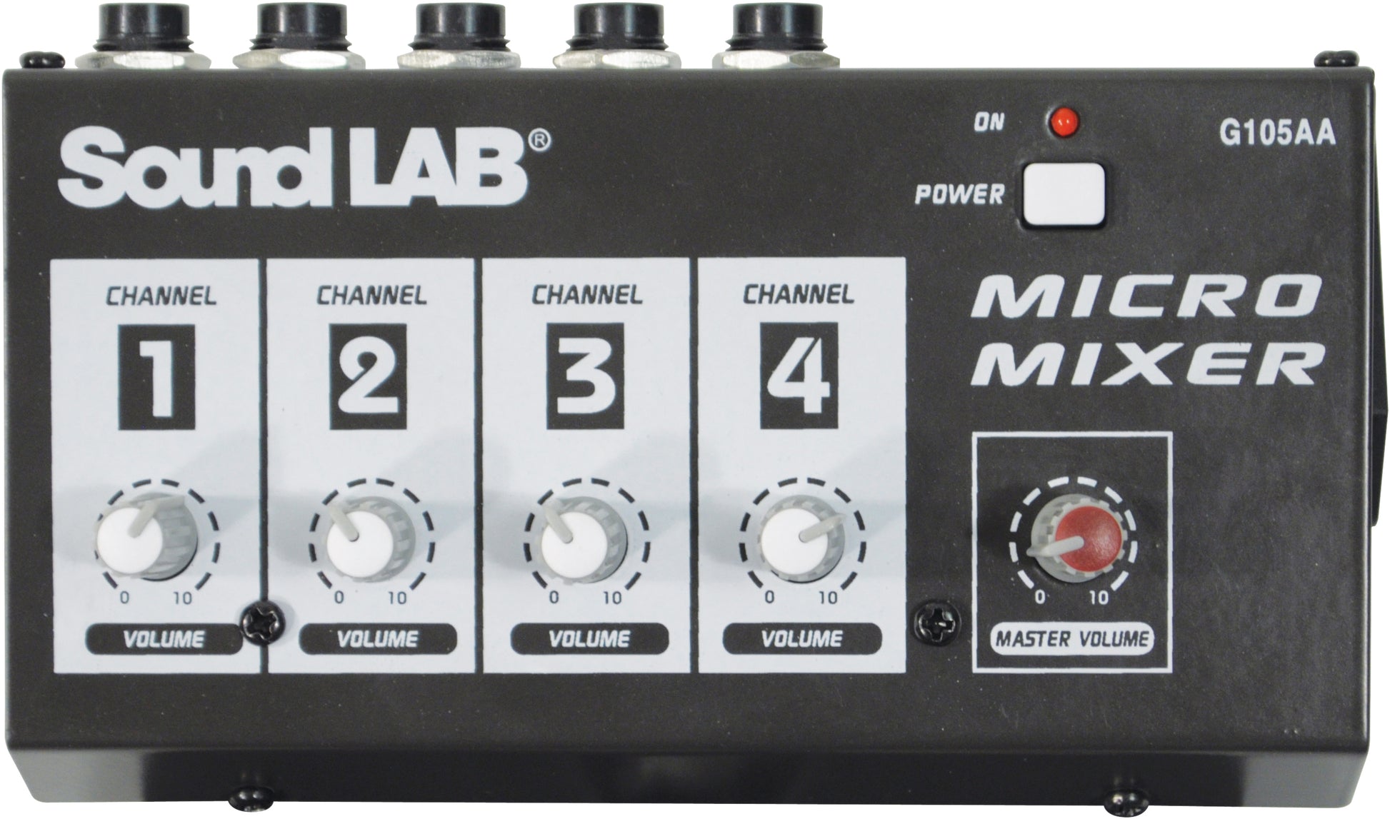 Sound LAB micro mixer with four channel volume controls and a master volume knob.