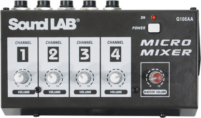 Sound LAB micro mixer with four channel volume controls and a master volume knob.