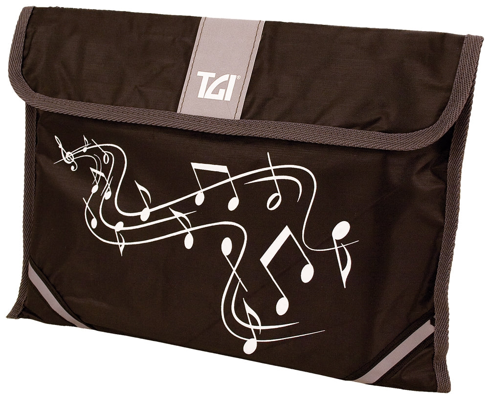Black pouch with music notes design and TGI logo on a white background