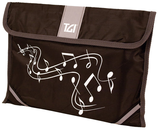 Black pouch with music notes design and TGI logo on a white background