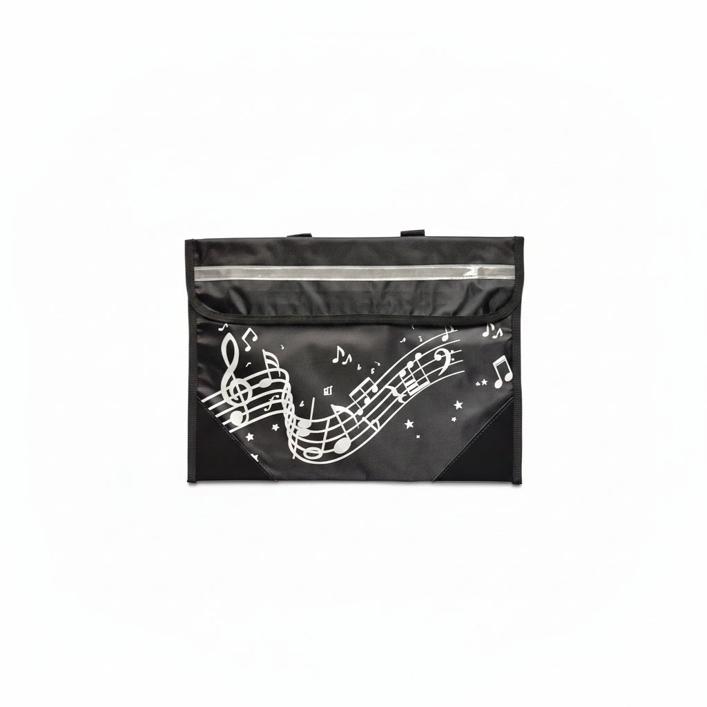 A black vinyl bag with a white musical note and staff pattern, featuring a silver reflective strip on the right side, shown on a white surface.