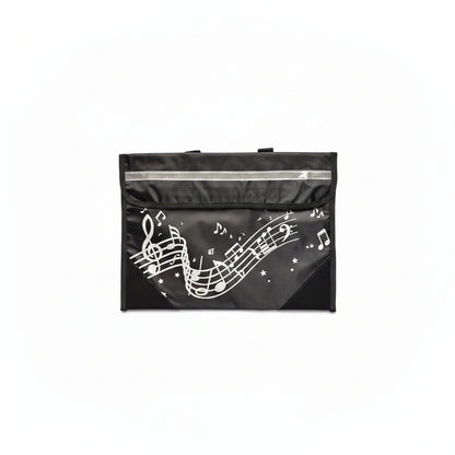 A black vinyl bag with a white musical note and staff pattern, featuring a silver reflective strip on the right side, shown on a white surface.