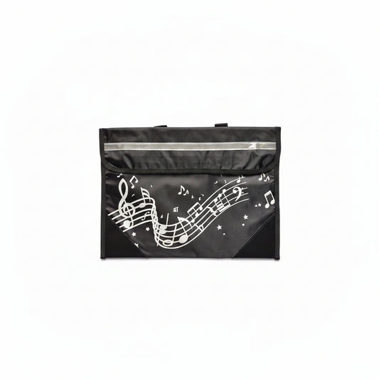 A black vinyl bag with a white musical note and staff pattern, featuring a silver reflective strip on the right side, shown on a white surface.