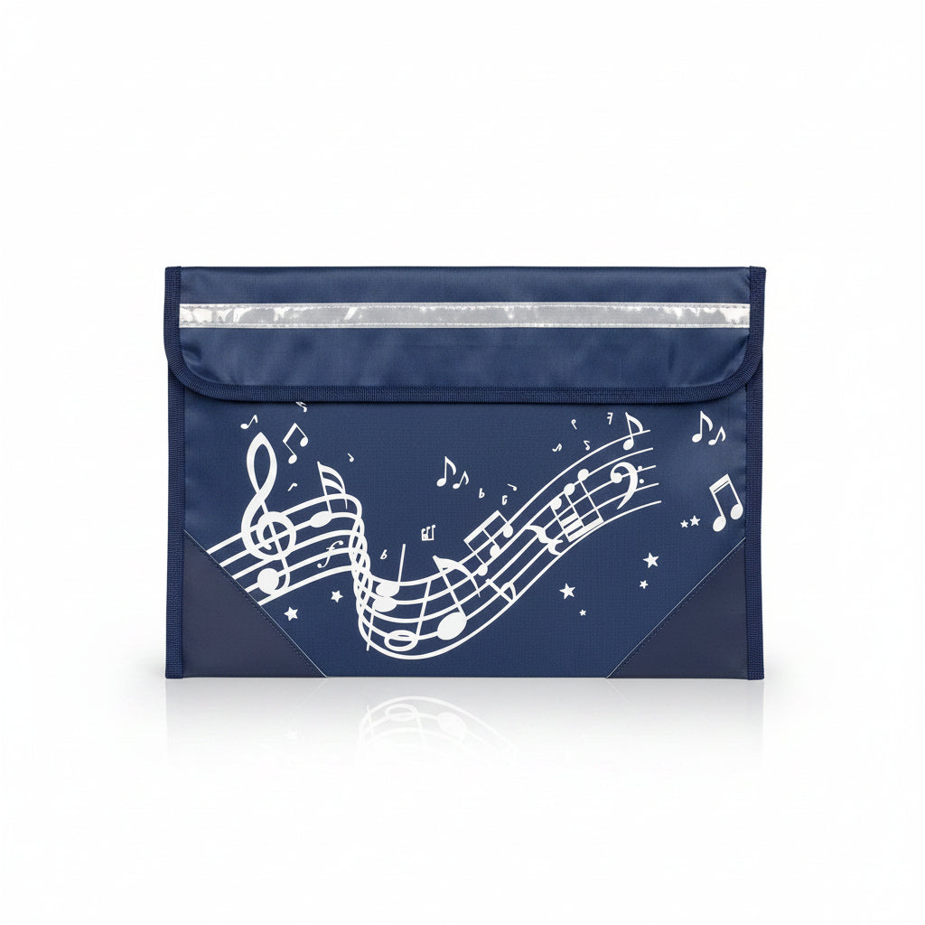 A navy blue bag with a white musical note and staff pattern printed across the front, plus a reflective silver strip along the top flap, shown on a white surface.
