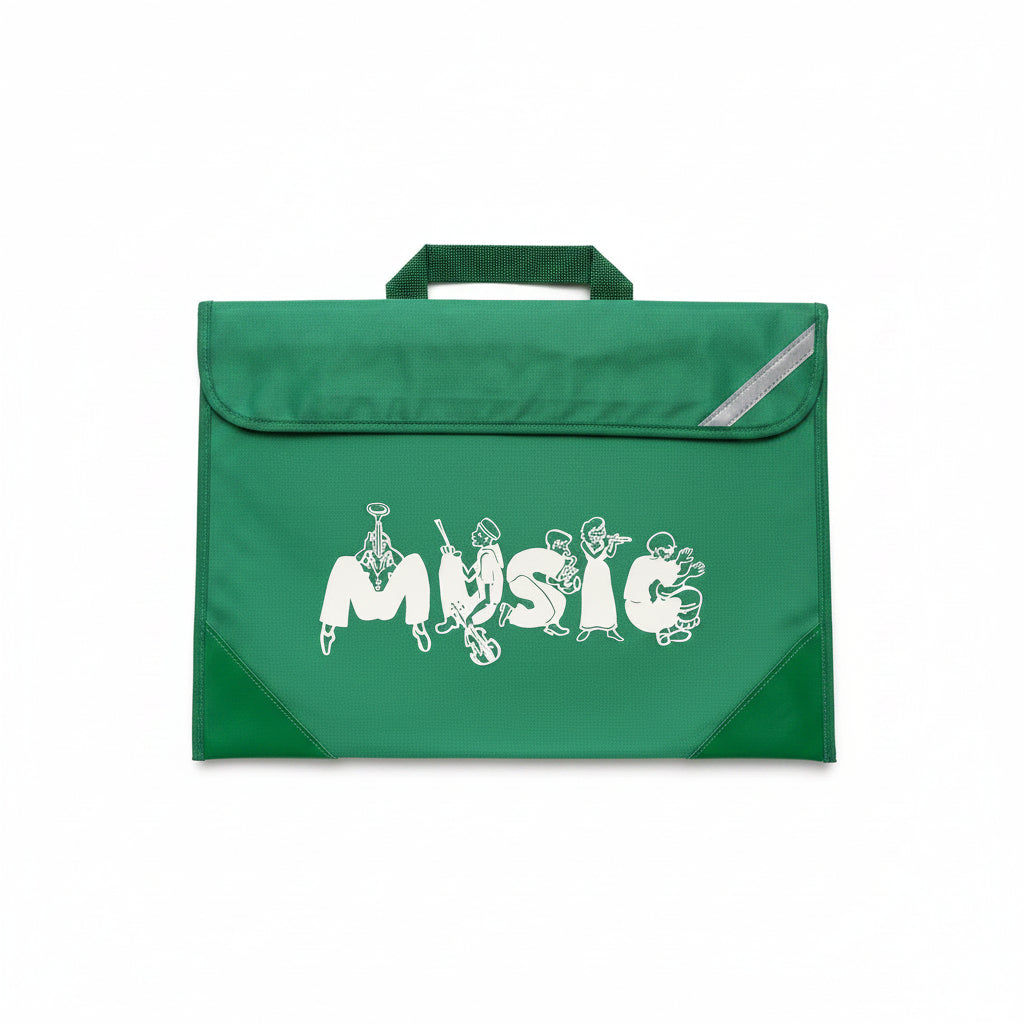 A green fabric music-themed pouch or bag with a top handle, featuring the word 'MUSIC' in white outlined letters with small instrument and musician illustrations inside each letter. The bag has green corner panels and a reflective silver-grey diagonal stripe near the top right.