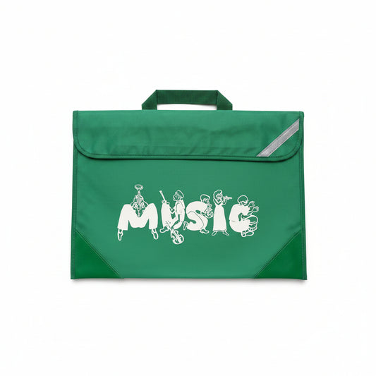 A green fabric music-themed pouch or bag with a top handle, featuring the word 'MUSIC' in white outlined letters with small instrument and musician illustrations inside each letter. The bag has green corner panels and a reflective silver-grey diagonal stripe near the top right.