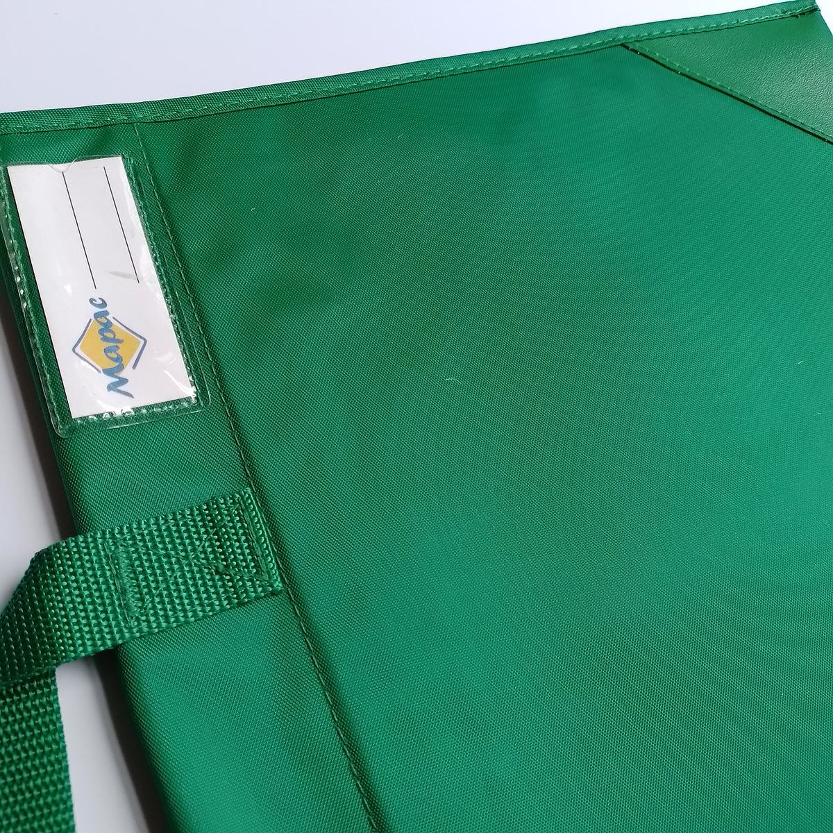 Close-up of a green fabric bag or case with a green webbing strap and a clear plastic label pocket containing a yellow and blue logo.