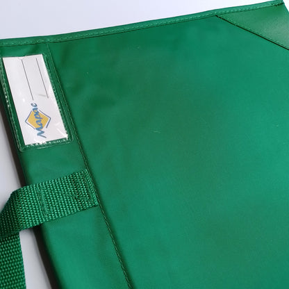 Close-up of a green fabric bag or case with a green webbing strap and a clear plastic label pocket containing a yellow and blue logo.