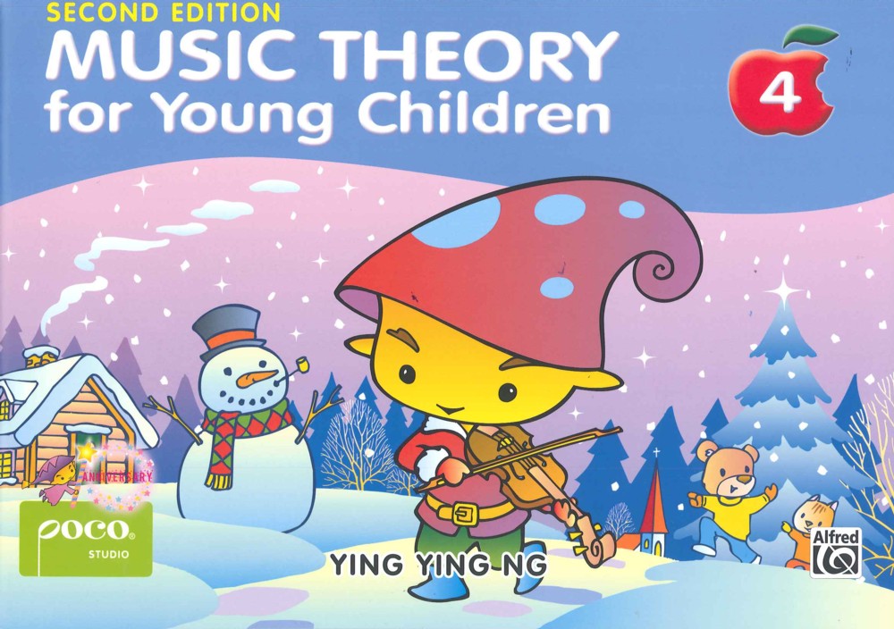 Book cover of 'Music Theory for Young Children' with a colorful illustration of a character playing music in a snowy scene.