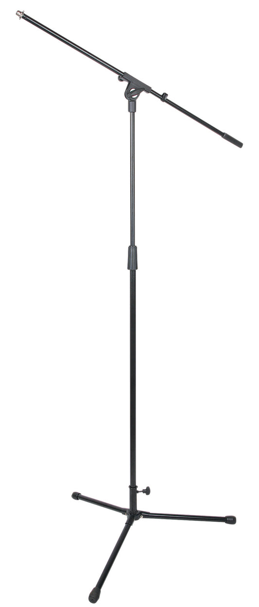Black microphone stand on a white background