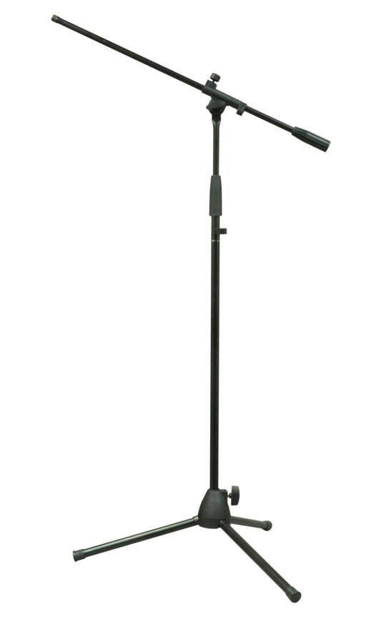 Black microphone stand on a white background
