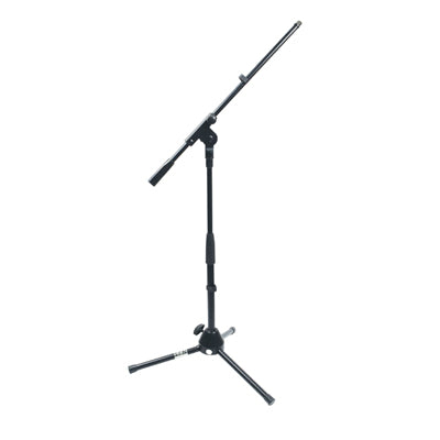 Black microphone stand with adjustable arm on a white background