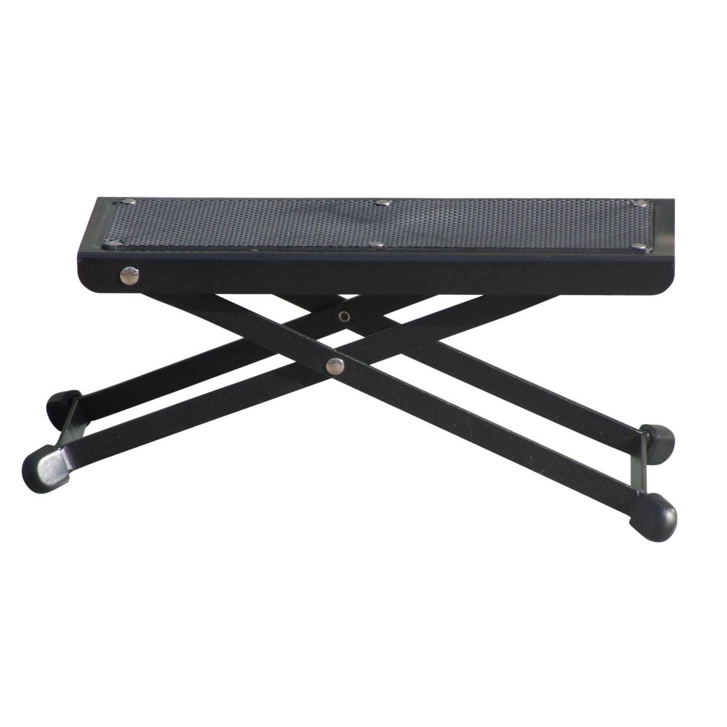 Black adjustable footstool on a white background