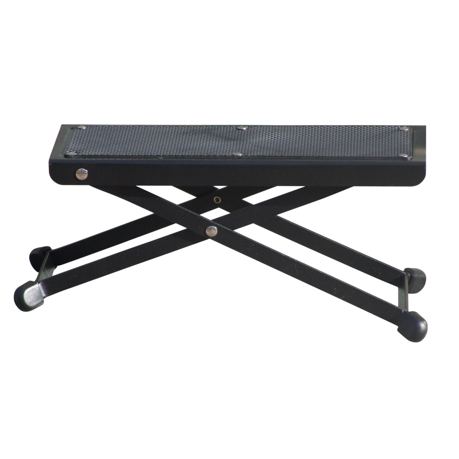 Black adjustable footstool on a white background