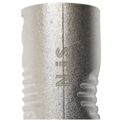 detail Njs' branding on the xlr connector on a white background