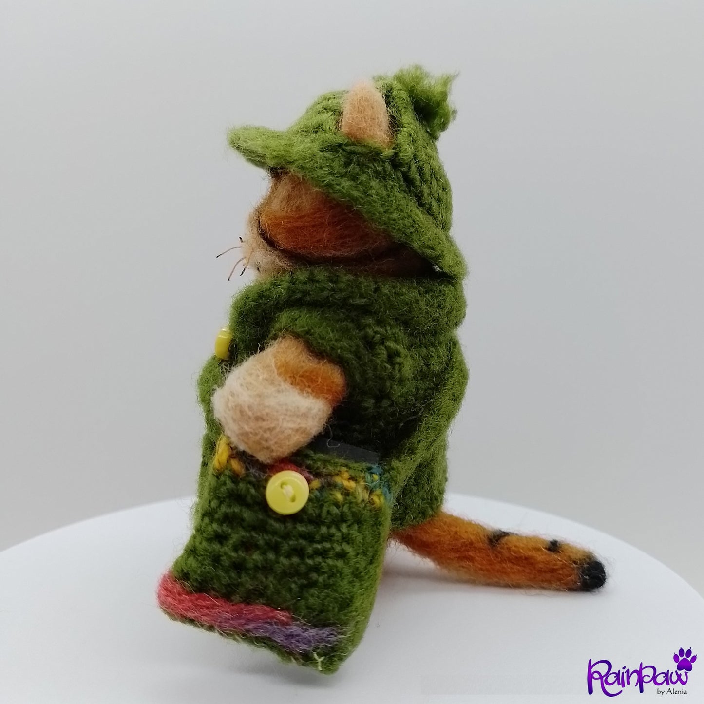Small stuffed ginger cat/tiger  wearing a green outfit with a hood on a white background