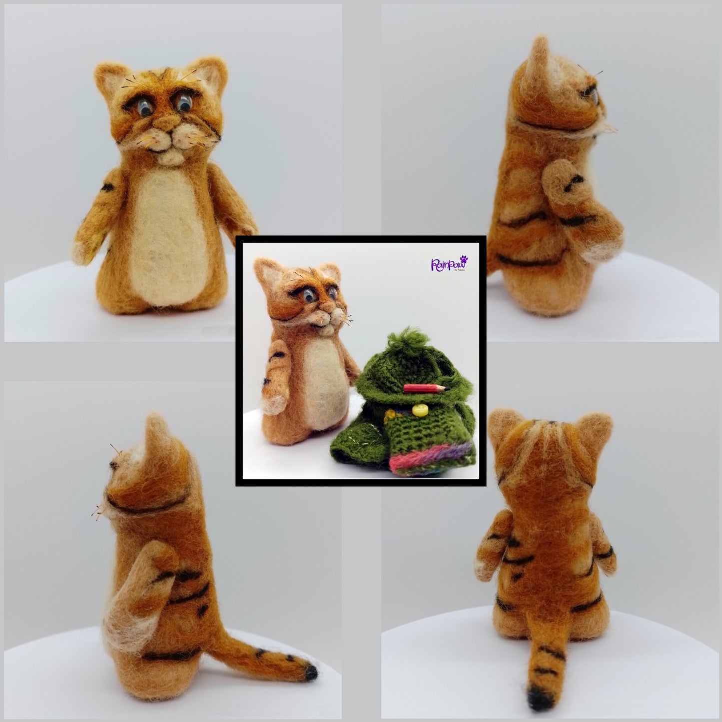 Collage of a plush cat figurine from different angles on a white background.