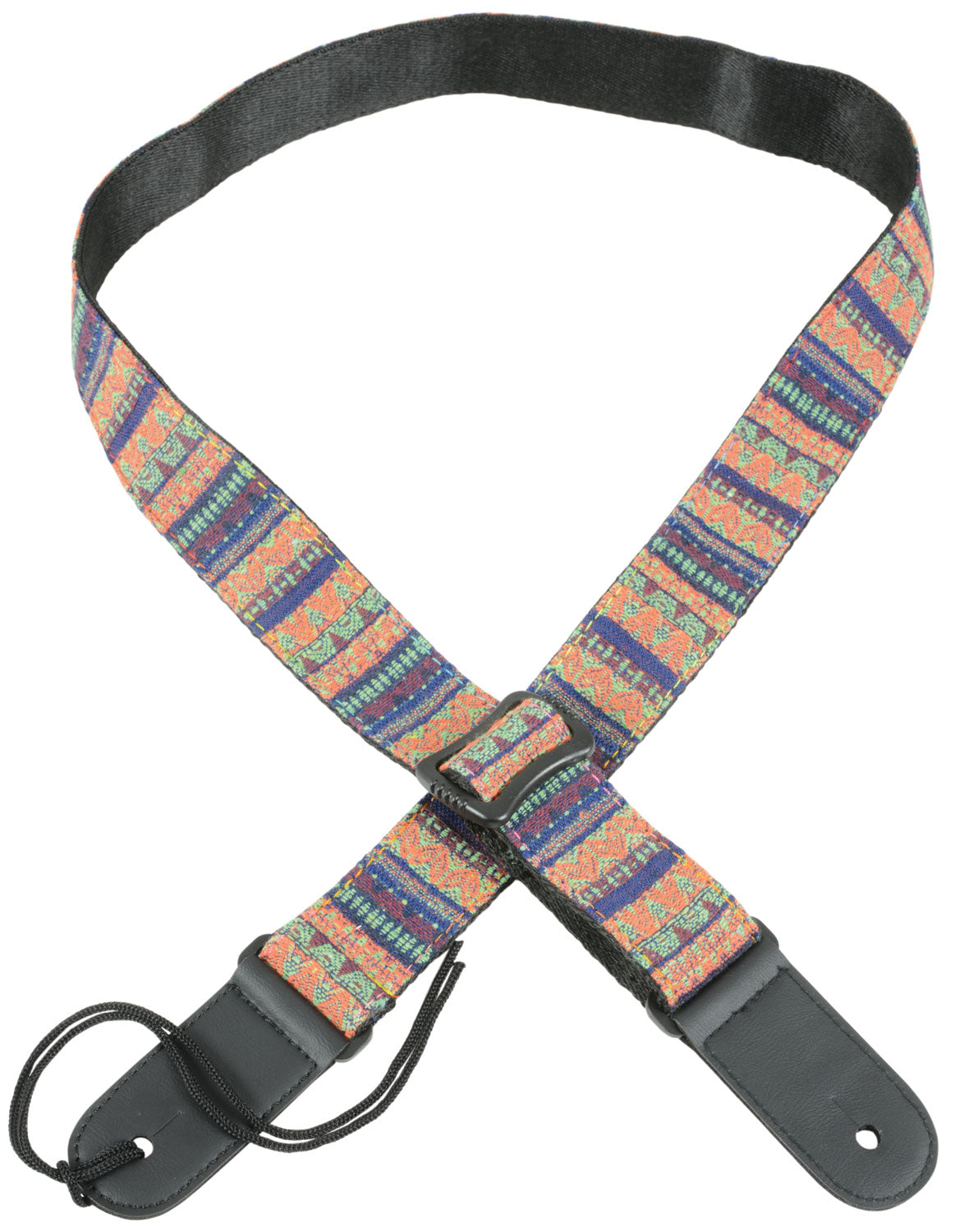 Multicolored patterned guitar strap with black hardware on a white background