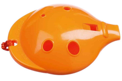 Orange ocarina with red accents on a white background