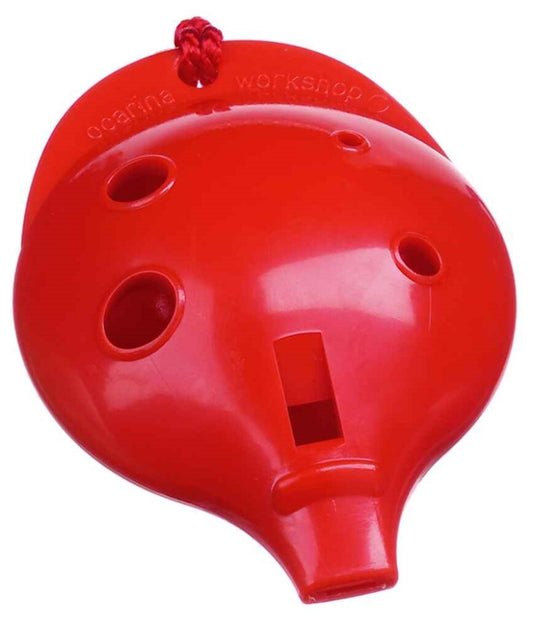 Red ocarina with 'Ocarina Workshop' branding on a white background