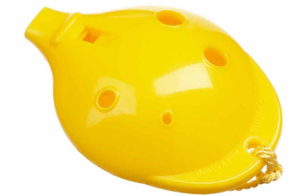 Yellow plastic ocarina with a string on a white background