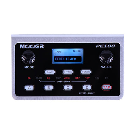 Mooer PE100 guitar effects pedal with display and control buttons on a white background