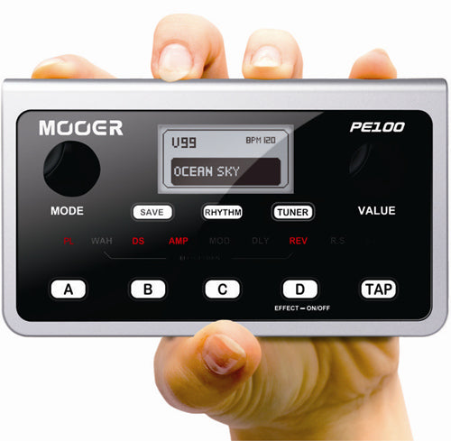 Mooer PE100 guitar effects pedal held by a person's hand on a white background