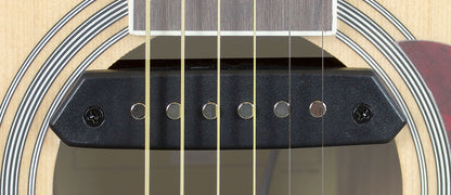 Close-up of a guitar's sound hole and a pick up