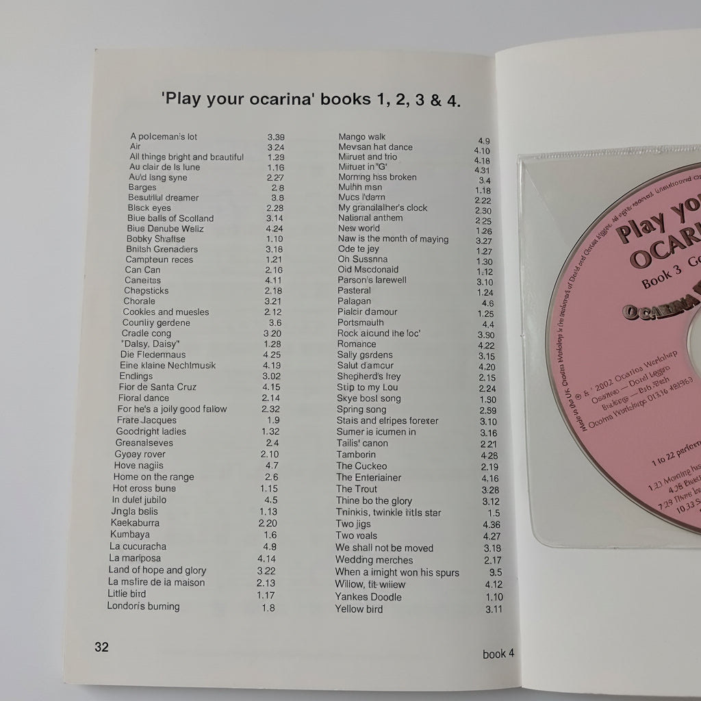 An open book or booklet showing printed sheet music titled 'Play your ocarina books 1, 2, 3 & 4' with a pink CD partially visible in the cover, photographed against a white background.