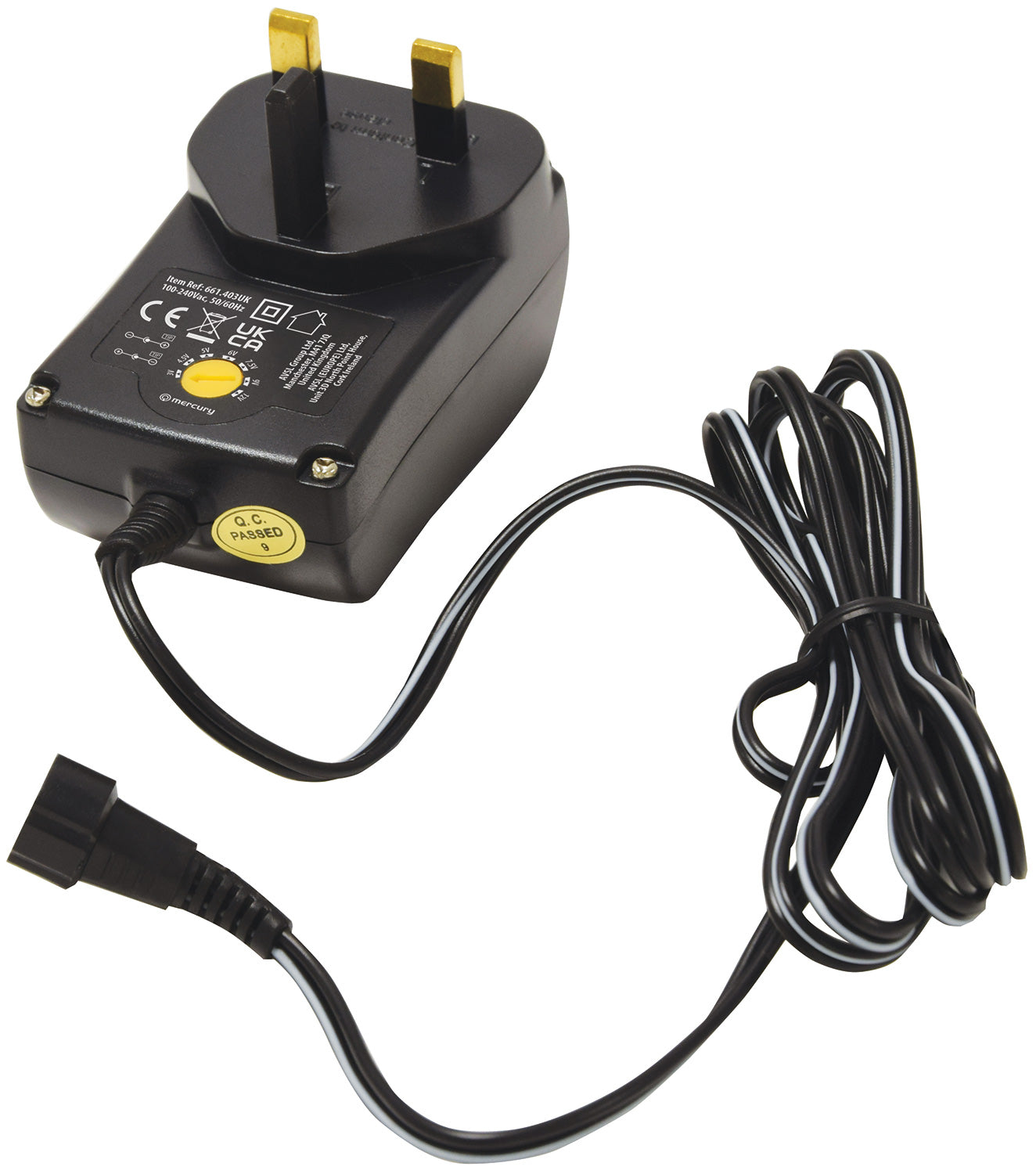 Black power adapter with plug on a white background