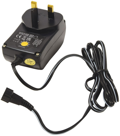 Black power adapter with plug on a white background